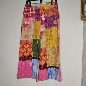 Kantha Bohemian Patchwork Wide‎ Leg Pants S/M Boho Flowy Festival Gypsy Artsy